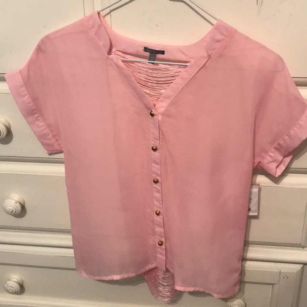 Pink blouse with gold buttons and fun back detail